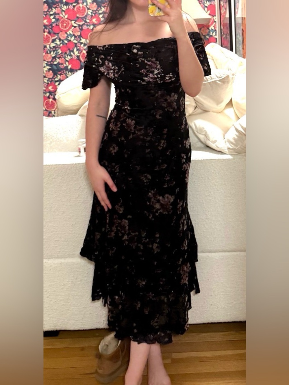 Off-Shoulder Black Floral Maxi Dress